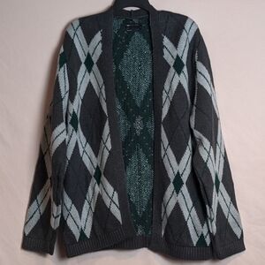 ASOS Argyle Plaid Knitted Gray and Green Cardigan Sweater size Small